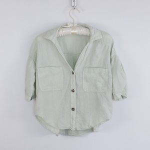 Women's Zara Green Linen Short Sleeve Button Down Crop Shirt Size S/M